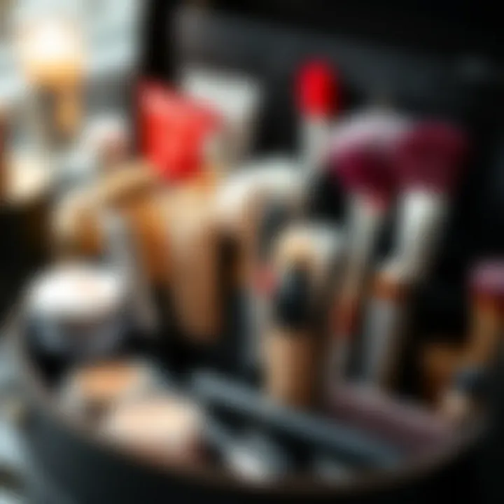 A well-organized beauty toolkit with concealers and brushes.