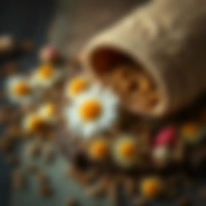 Natural Ingredients of Chamomile Tea An elegant display of chamomile tea leaves and dried flowers, showcasing the natural ingredients.