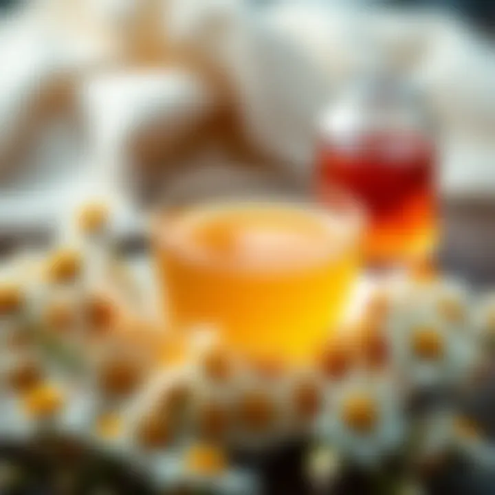 Chamomile Tea and Its Calming Essence A serene cup of chamomile tea surrounded by fresh chamomile flowers, highlighting its calming properties.