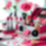 A vibrant array of pink makeup products beautifully arranged