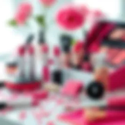 A vibrant array of pink makeup products beautifully arranged