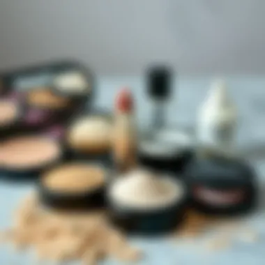 Essential Makeup Products Featuring Powders An array of makeup products highlighting essential items including powders.