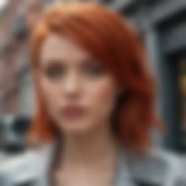 Aesthetic portrayal of a woman with red hair in a modern urban environment.