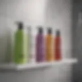 A variety of shampoos displayed on a bathroom shelf