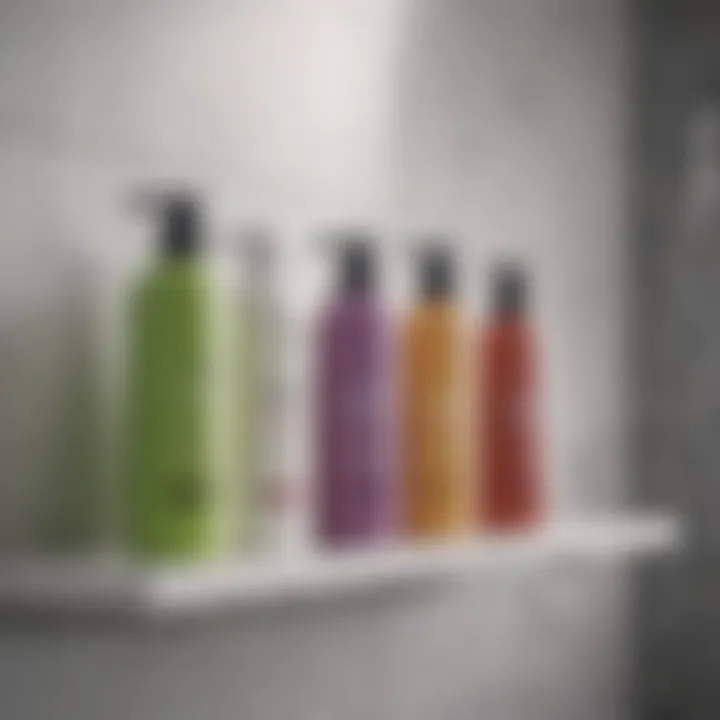 A variety of shampoos displayed on a bathroom shelf