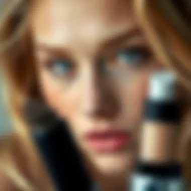 Cosmetics Enhancing Natural Features A close-up of cosmetics emphasizing features of golden hair and blue eyes.