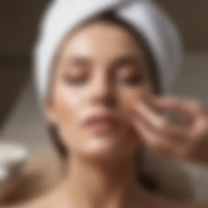 A tranquil spa setting with a person applying serum to their face, highlighting the skincare routine