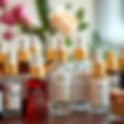 Close-up view of various serums in elegant glass bottles
