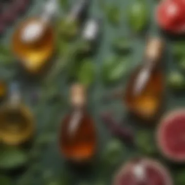 Close-up of natural ingredients commonly found in serums, such as botanical extracts and vitamins