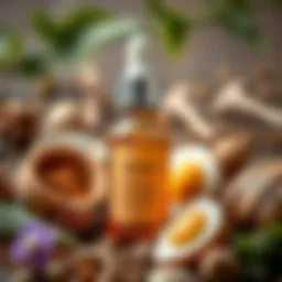 A close-up shot of a serum bottle surrounded by natural ingredients.