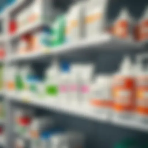 An assortment of acne treatment creams on a pharmacy shelf