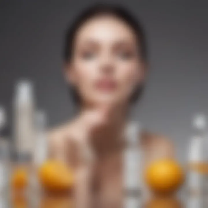 An elegant skincare routine layout featuring hyaluronic acid and vitamin C serums