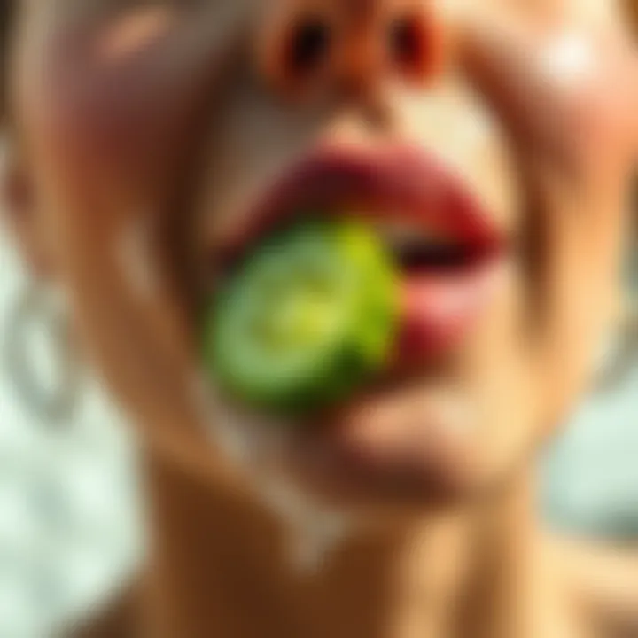 A refreshing cucumber slice on a sunburned face
