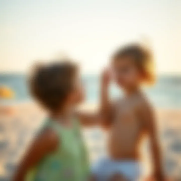 Child applying sunscreen on a beach