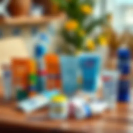 A diverse range of sunscreens on a wooden table