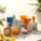 Diverse Sunscreen Collection An array of sunscreen products displayed elegantly on a sunlit surface.