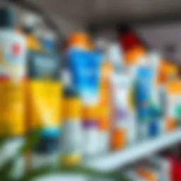 Diverse range of sunscreen products displayed on a shelf