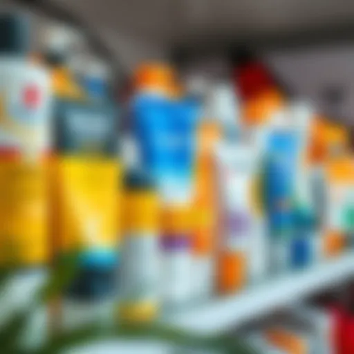Variety of Sunscreens Diverse range of sunscreen products displayed on a shelf